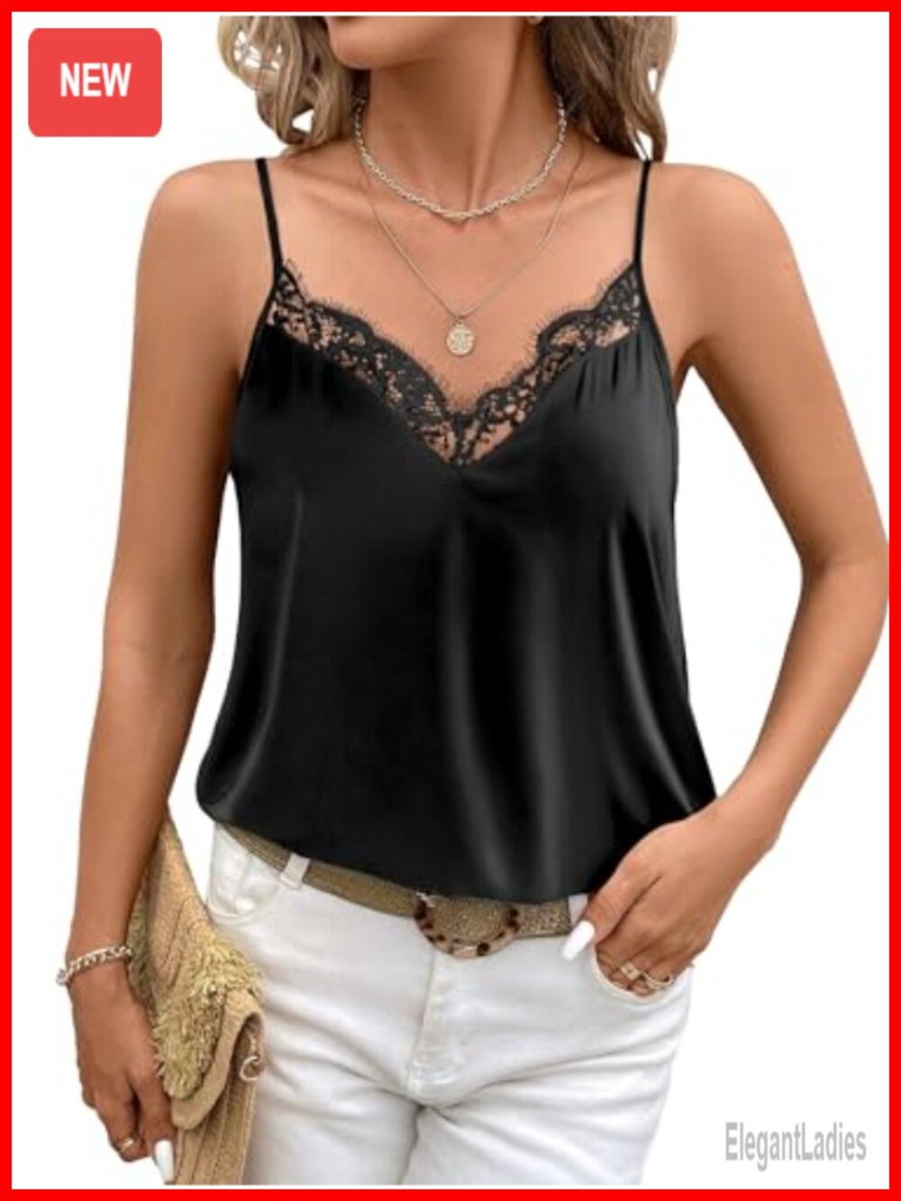 Satin Lace V Neck Camisole Pajama Top Adjustable Spaghetti Strap